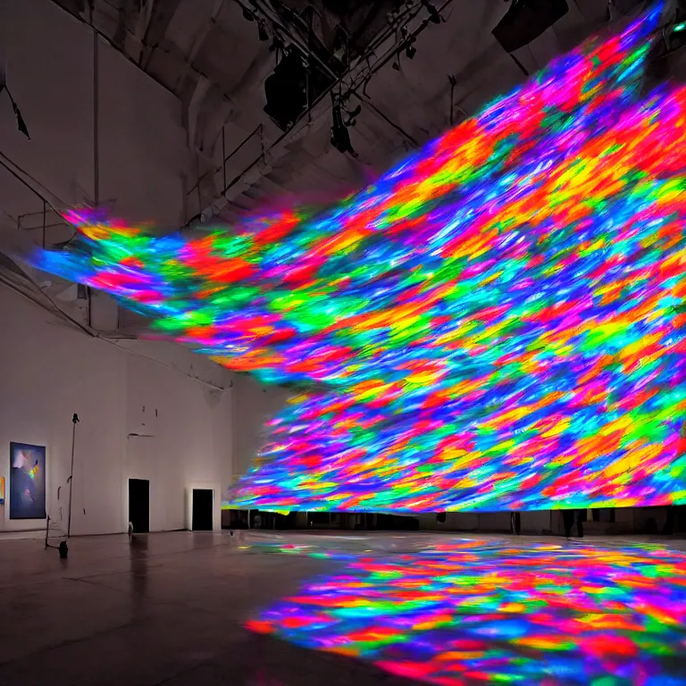 Prompt: fluxus performance of colored light projection onto several large objects in an art gallery, high contrast hyperrealism trending on arstation 8 k