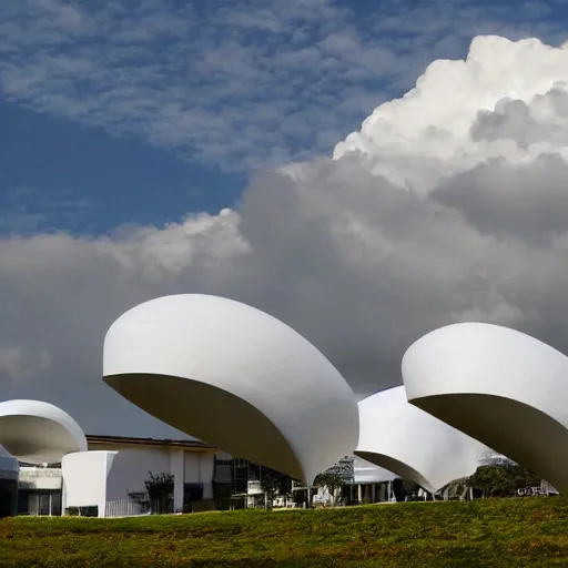 Prompt: many white egg shaped buildings are all intersected and combined to form a large - scale white heavy cloud shaped building