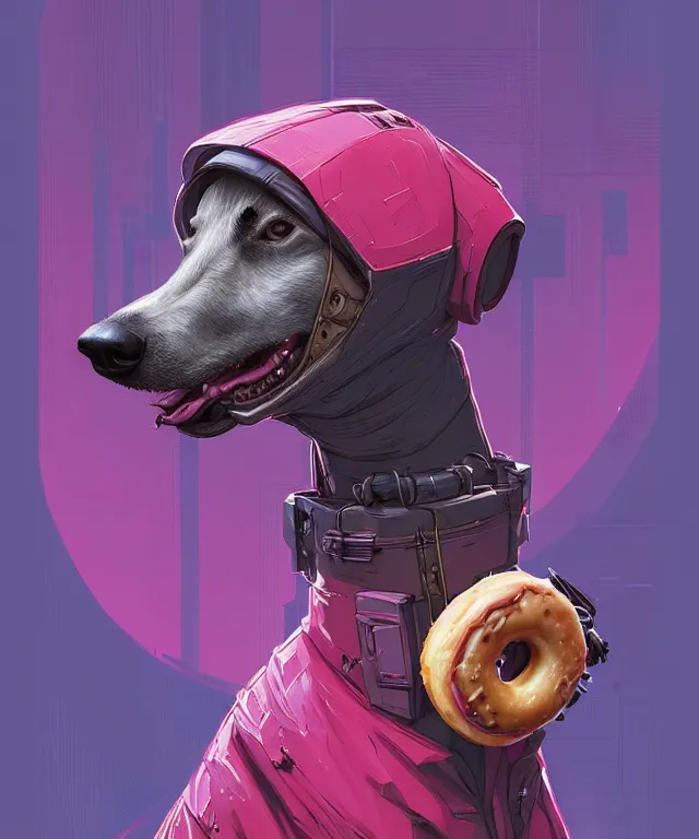 Image similar to a portrait of an anthropomorphic cyberpunk greyhound dog eating a donut, cyberpunk!, fantasy, elegant, digital painting, artstation, concept art, matte, sharp focus, illustration, art by josan gonzalez