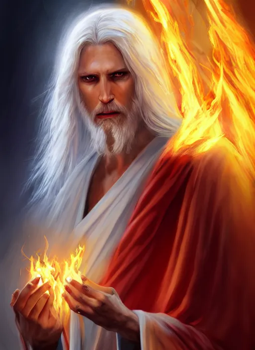 Image similar to « full length portrait of the white - haired jesus in a white robe and flaming yellow eyes, seven stars in right hand, grim - lighting, high - contrast, intricate, elegant, highly detailed, digital painting, artstation, concept art, smooth, sharp focus, illustration »