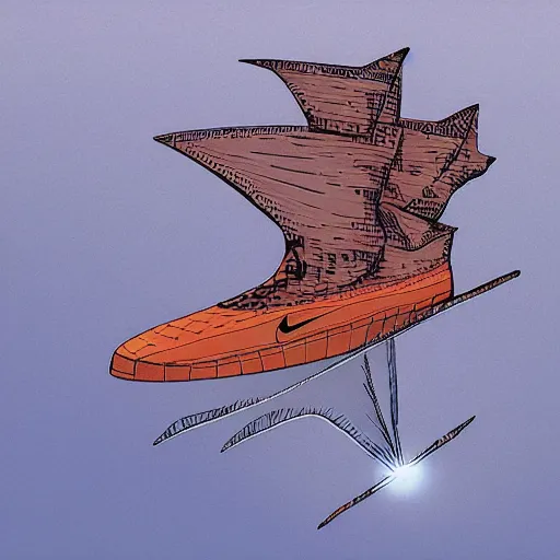 Prompt: A Nike sneaker flying ship by Moebius
