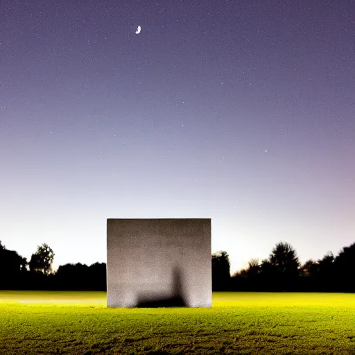 Image similar to a field during nighttime with a concrete monolith in the distance, liminal, 4 k