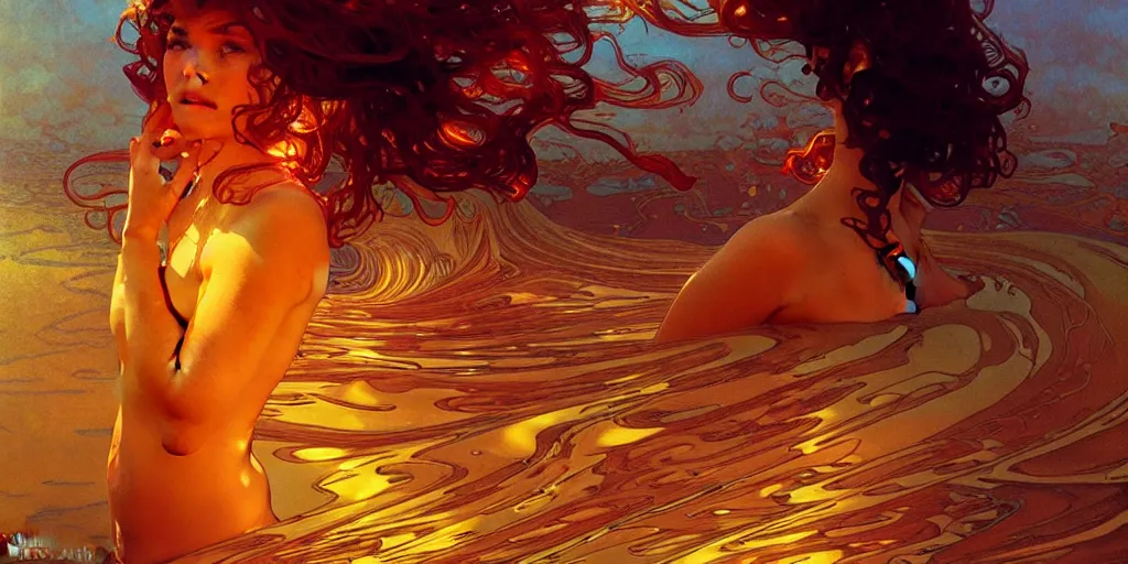 Image similar to mind bending ocean waves of glossy liquid honey drops flowing like psychedelic translucent amber, lsd waves, lsd ripples, backlit, sunset, refracted lighting, art by collier, albert aublet, krenz cushart, artem demura, alphonse mucha