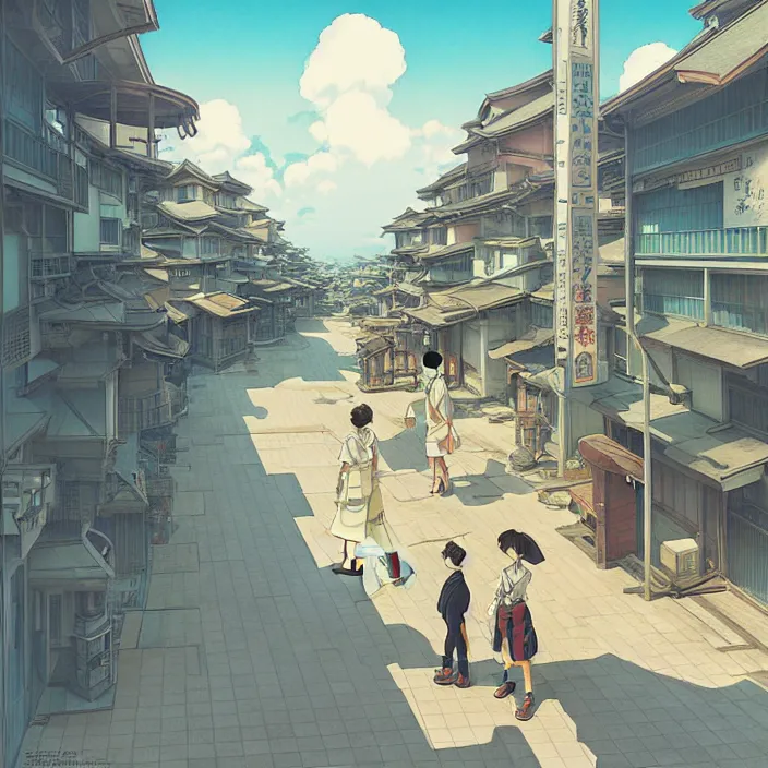 Prompt: empty japanese city, summer, in the style of studio ghibli, j. c. leyendecker, greg rutkowski, artem