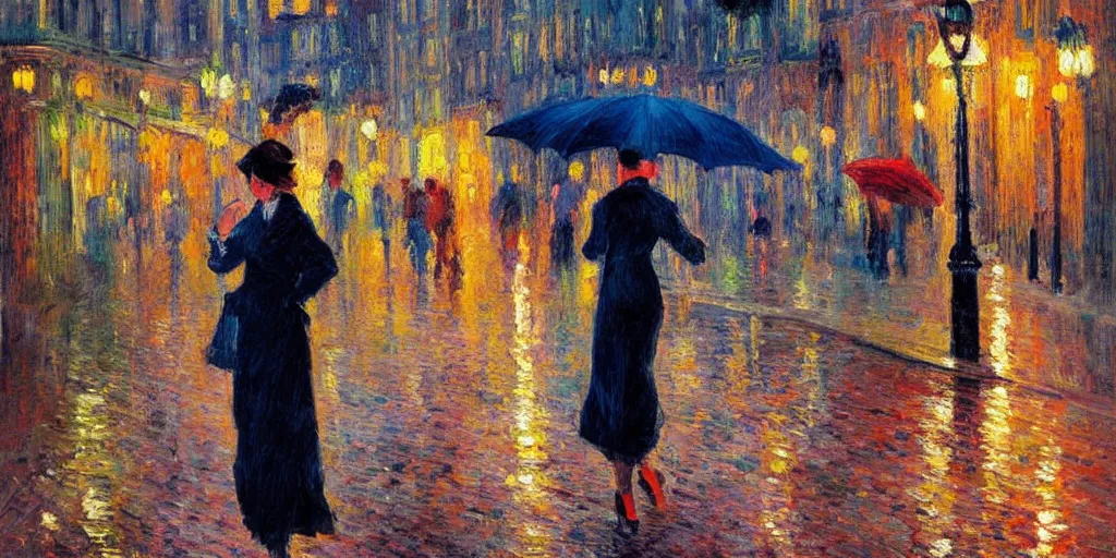 Prompt: evening city scene with young woman with umbrella. beautiful use of light and shadow to create a sense of depth and movement. neo - impressionism, using energetic brushwork and a limited color palette, providing a distinctive look and expressive quality in a rhythmic composition