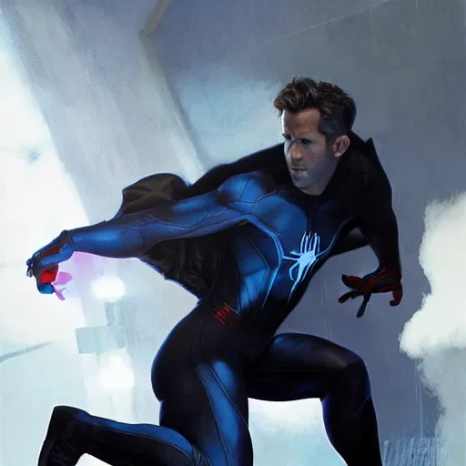 Image similar to ryan reynolds as spider - man, wearing a black and blue suit, cinematic, volumetric lighting, f 8 aperture, cinematic eastman 5 3 8 4 film, photorealistic by greg rutkowski, by stanley artgerm, by alphonse mucha