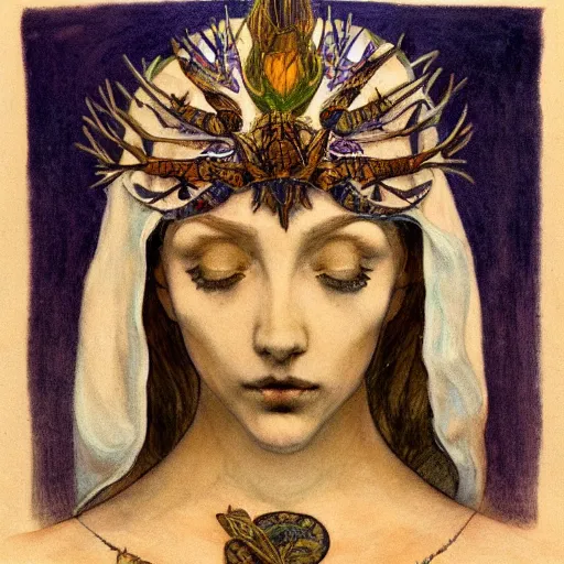 Prompt: the moth crown, by Annie Swynnerton and Nicholas Roerich, bioluminescent skin, tattoos, elaborate costume, geometric ornament, symbolist, smooth, sharp focus, extremely detailed, featured on artstation