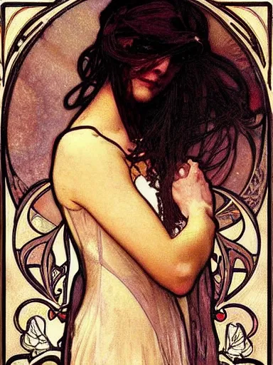 Image similar to a beautiful painting of a lady by Alphonse Mucha and by Mark Brooks and by john william waterhouse and by arthur rackham, Art Nouveau, Neo-Gothic, gothic, award winning painting, hyperdetailed, detailed