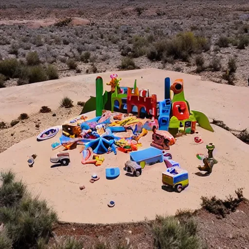 Prompt: baby toy shape building in the dessert, big scale