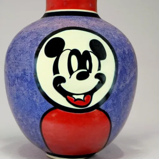 Image similar to vase work, vase art of Mickey Mouse in art style of chinese art, fragmented clay firing chinese vase with an Mickey Mouse in the style of ancient chinese art, ancient chinese art!!!!! chinese art