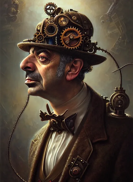 Image similar to steampunk portrait of rowan sebastian atkinson, fractal background, by tomasz alen kopera and peter mohrbacher