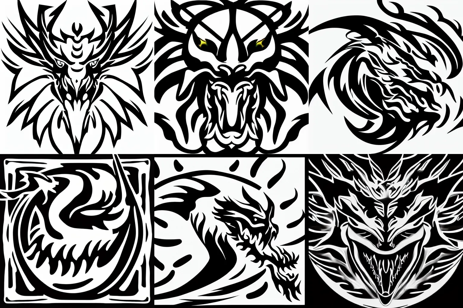 Prompt: dragon head close up looking at you breathing fire toward camera, logo vector art rectangular format, black and white