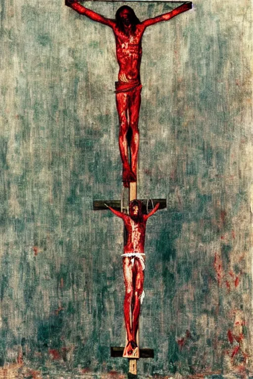 Image similar to bloody christ crucified on a very big mushroom painted in by cy twombly and andy warhol