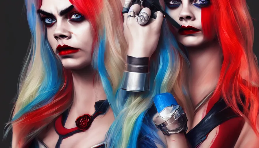 Image similar to Cara Delevingne as Harley Quinn, hyperdetailed, artstation, cgsociety, 8k