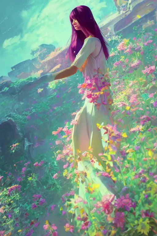 Image similar to elegant, beautiful woman in colourful clothing, ultrafine illustrated, ultradetailed flowery environment, by conrat roset, makoto shinkai, craig mullins, alphonse murac, detailed artwork, extremely detailed and high quality, global illumination, octane render, digital art trending on artstation