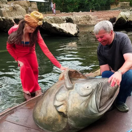 Image similar to giant ancient fish goddess blessing a young man in a boat