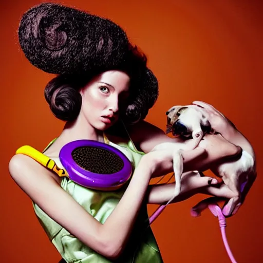 Prompt: a studio portrait of a beautiful fashion model that is curling her hair and hir dogs in the curls. surreal photograph, lo - fi, polished look, silly and serious, hermes ad, fashion photography, toiletpaper magazine, 3 5 mm photograph, colourful, by pierpaolo ferrari, maurizio cattelan
