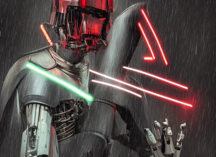 Image similar to 3 5 mm portrait photo of ( general grievous )!! with heavy duty biomechanical cybernetic body with 4 arms holding red lightsabers in the city in the rain. cyberpunk horror in the style of george lucas.