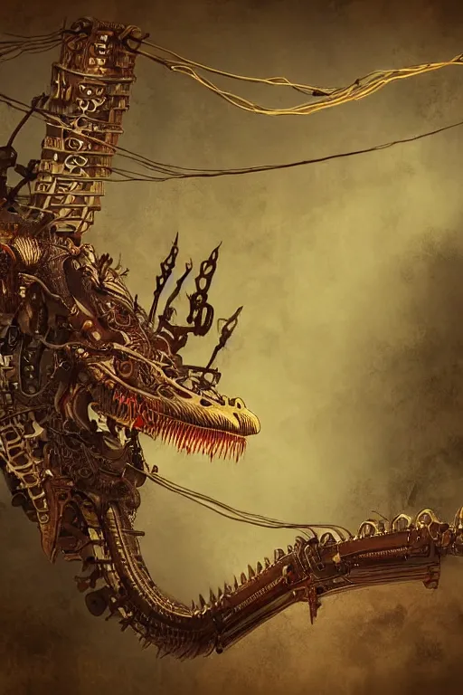 Prompt: illustration, single whole live dragon, old sick gold and crimsoned scaled asian style dragon on a steam punk plank of machinery with wires and gears and steam punk apparatus, matte painting, style of studio ghibli, concept art, featured in artstation and artgerm and pixiv, award winning, cinematic, 8 k