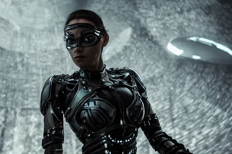 Image similar to VFX movie closeup portrait of a futuristic hero cyborg woman in black spandex armor in future city, hero pose, beautiful skin, night lighting by Emmanuel Lubezki