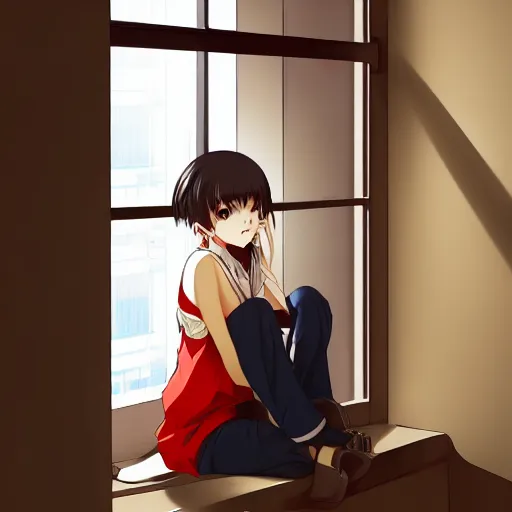 Prompt: portrait of a bored girl sitting at the window of the shinjuku apartment, anime fantasy illustration by tomoyuki yamasaki, kyoto studio, madhouse, ufotable, trending on artstation