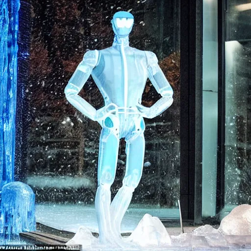 Image similar to made of ice, a realistic detailed photo of a guy who is an attractive humanoid who is half robot and half humanoid, who is a male android, on display, blank stare, showing off his muscles, shiny skin, posing like a statue, by the pool, frozen ice statue, f 1 driver max verstappen, humanoid robot