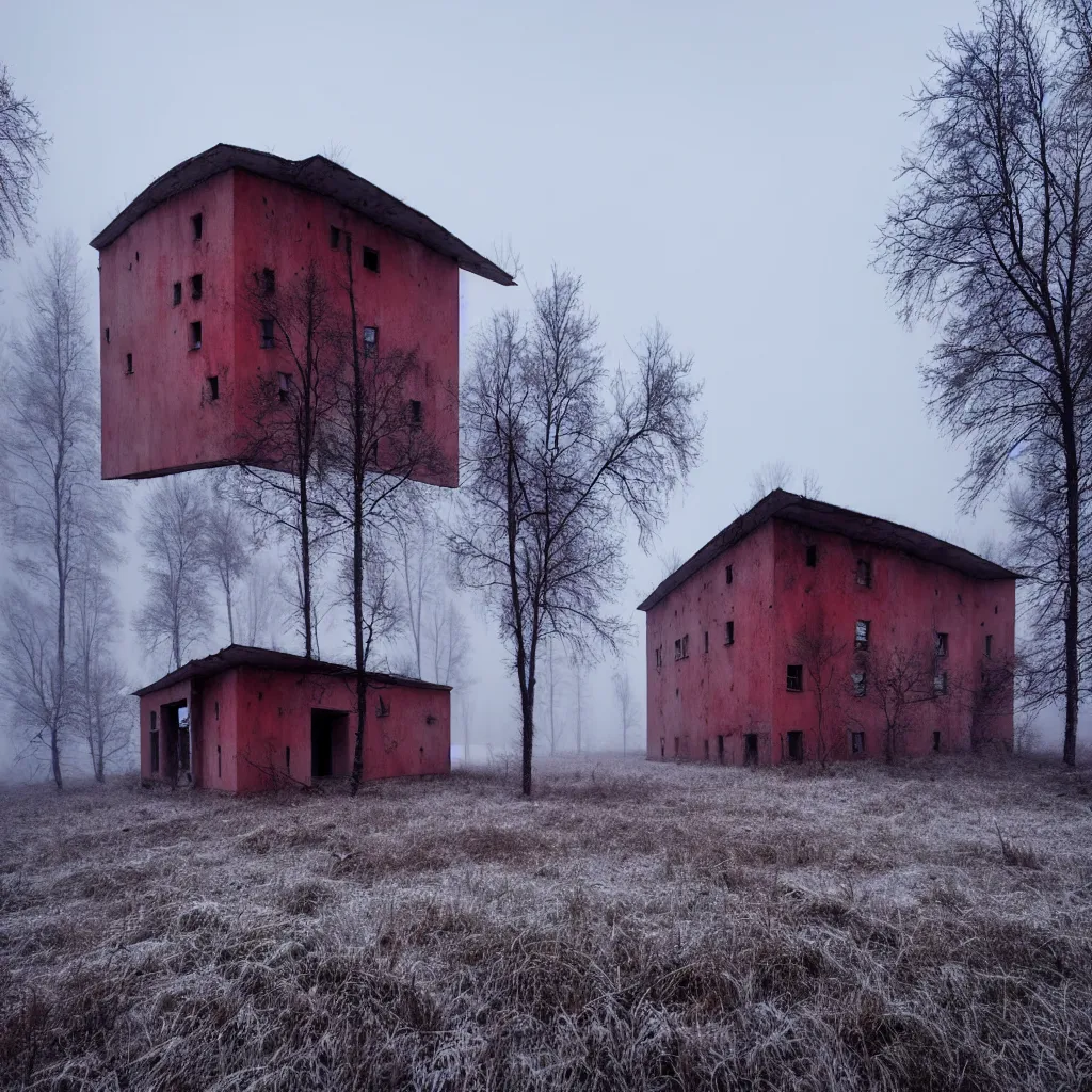 Image similar to landscape with brutalistic soviet architecture style abandoned lifeless house, near foggy forest, dark winter evening, snowing, strong, blizzard, atmospheric, mystical, very detailed 4 k, professional photography