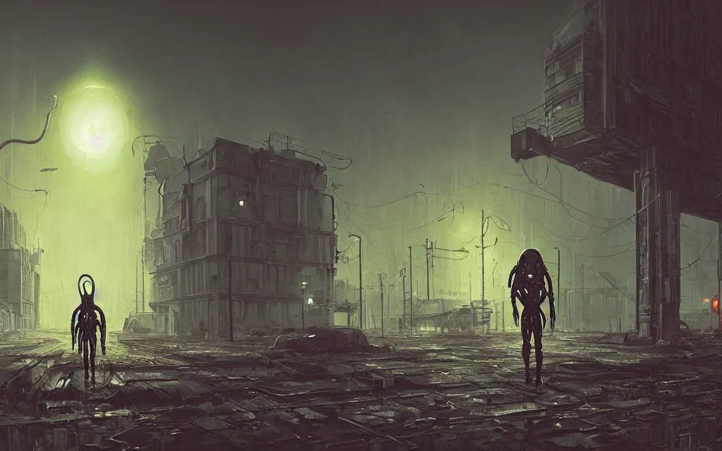 Prompt: a Xenomorph in a post apocalyptic city. Digital art, Simon Stålenhag.