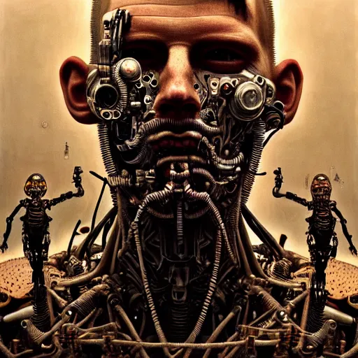 Prompt: ultra realist intricate detailed horror painting of a single rugged cyborg male, bearded face and cyborg tech on body and legs, symmetry accurate features, cyberpunk, industrial, apocalyptic, very intricate details, focus, high resolution, 8 k resolution, dramatic lighting, artstyle alex ries and zdzisław beksinski, award winning