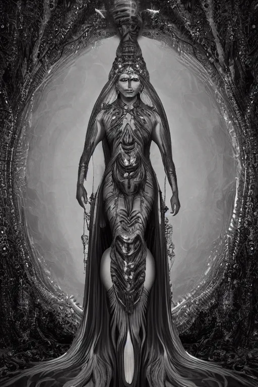 Image similar to a realistic dark photo of a beautiful ancient alien woman goddess kate moss nataraja shiva standing in iris van herpen dress jewelery and fractals in style of alphonse mucha art nuvo dmt trending on artstation made in unreal engine 4