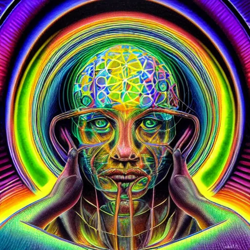 Prompt: realistic detailed image of the human consciousness contained in a vessel that is a vast holographic universal mind by Alex Grey, Terence McKenna, and Adam Jones, Psychedelic, sacred geometry, rich deep colors. Alex Grey Painting, part by Cameron Grey. masterpeice