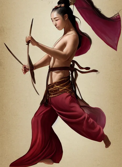 Image similar to full body portrait of a barefoot dancer using silk belts as weapons, barefoot, tanned, vivacious, athletic, hanfu, fully clothed, chinese ribbon dance, silk belt, scorpion whip, battle, wuxia, martial arts, ming dynasty, detailed, anatomically accurate, fantasy illustration, dungeons and dragons, artstation, ghostblade, wlop.