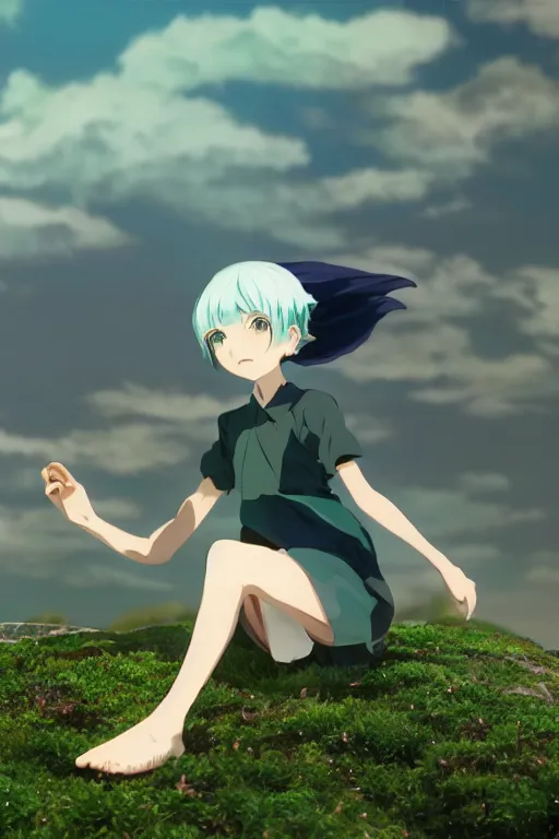 Prompt: 3D CG anime Land of the Lustrous Houseki no Kuni character Phosphophyllite person made of bluegreen gem rock running through a grassy field on a sunny day wearing a white shirt with black tie and black shorts, ocean shoreline can be seen on the horizon, beautiful composition, 3D render, 8k, key visual, made by Haruko Ichikawa, Makoto Shinkai, studio Ghibli