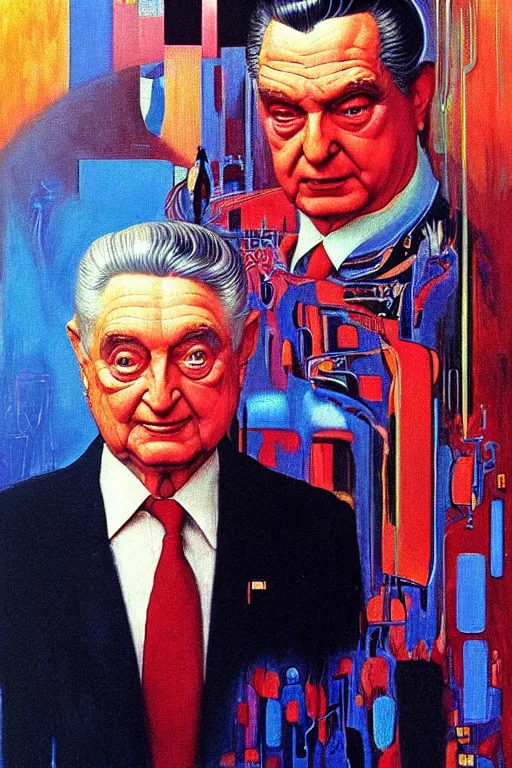 Image similar to 8 0 s art deco portrait of george soros, like a dream oil painting curvalinear clothing cinematic dramatic cyberpunk textural fluid lines otherworldly vaporwave interesting details fantasy lut epic composition by basquiat zdzisław beksinski james jean artgerm rutkowski moebius francis bacon gustav klimt