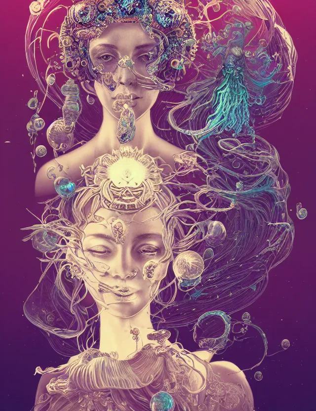 Image similar to goddess macro vintage shouler portrait from bottom to top in crown made of ram skull. betta fish, jellyfish phoenix, plasma, ice, water, wind, creature, super intricate ornaments artwork by tooth wu and wlop and beeple and greg rutkowski and alexander fedosav