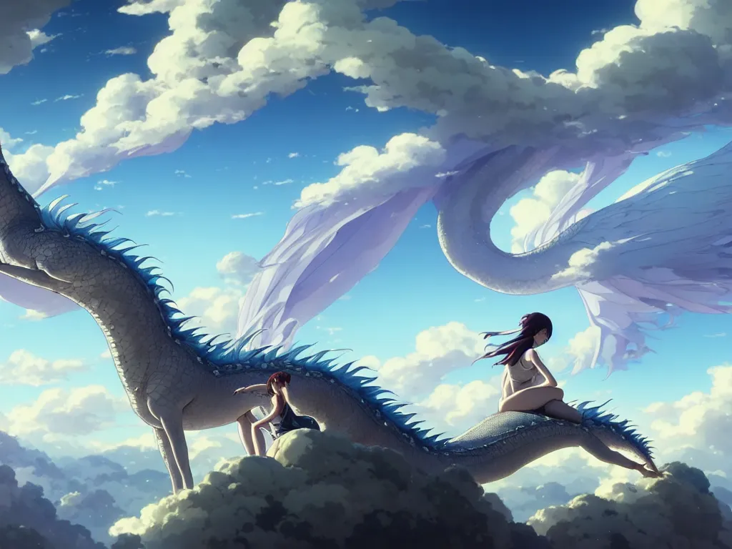 Image similar to a vast scene, panorama distant view, hyper detailed scene render of a beautiful girl sit on a huge silver dragon back, in the white clouds fairyland, finely detailed angelic face, style of makoto shinkai, xision, james jean and peter mohrbacher, studio ghibli, artgerm, karol bak, beeple, 4 k hd, animation style