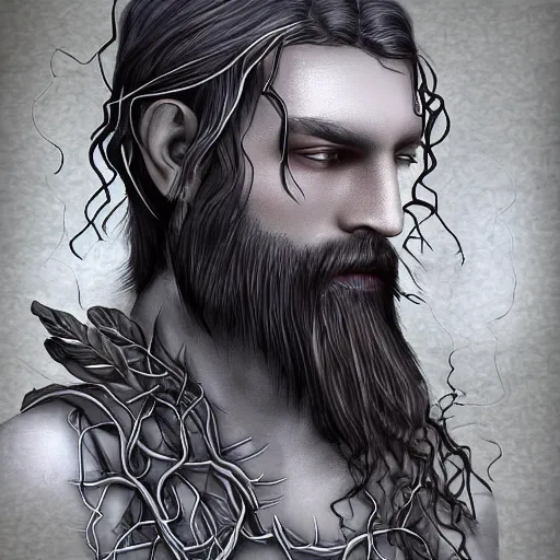 Prompt: bearded male dark elf druid gray skin with vines as hair detailed fantasy digital art