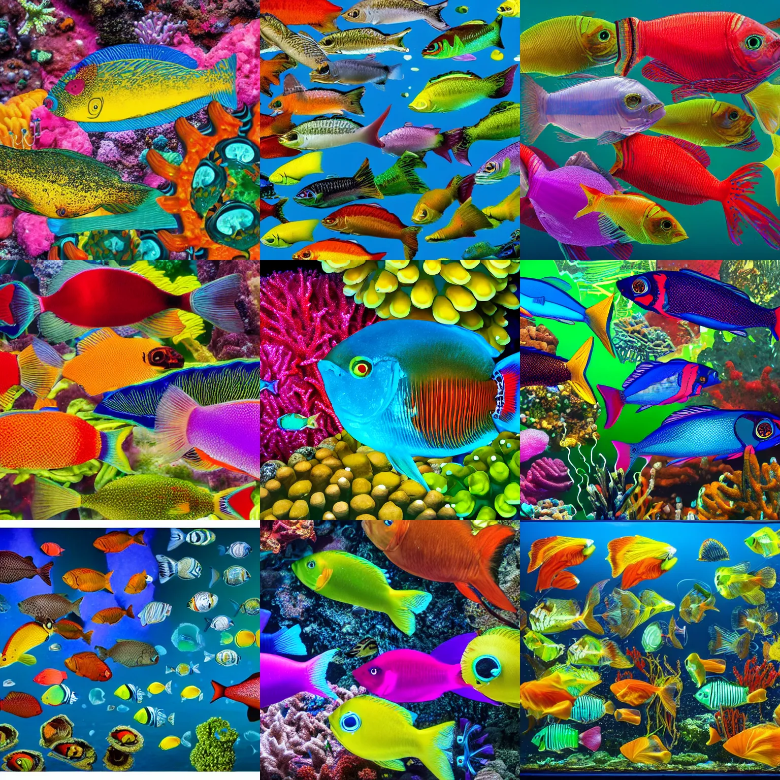 Prompt: a collection of colorful fish and plants all grouped together, a microscopic photo by Damien Hirst, shutterstock contest winner, ecological art, bioluminescence, airbrush art, seapunk