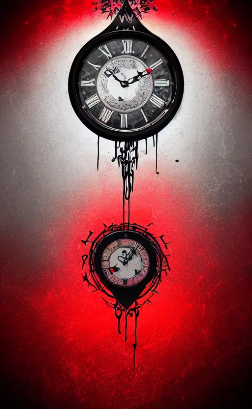 Image similar to a melting Roman numeral clock, behind a red and black gradient background, awith a black heart shaped on the top left corner and a black diamond card shape in the bottom right corner, dynamic lighting, photorealistic fantasy concept art, trending on art station, stunning visuals, cinematic, creative, ultra detailed