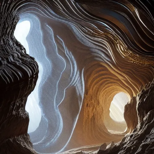 Image similar to light is mine to travel,beyond time ,the cathedrals of carved stone in a canyon grotto of life the beginning ,shiny layered geological strata,ground mist swirling vortexes,granular detail, by Sparth and Greg Rutkowski, hypermaximalist,micro details, 3d sculpture,f32,deep depth of field,cinematic lighting,digital rendering,photographic, wide angle,octane render , 4k, artstation, concept art ,