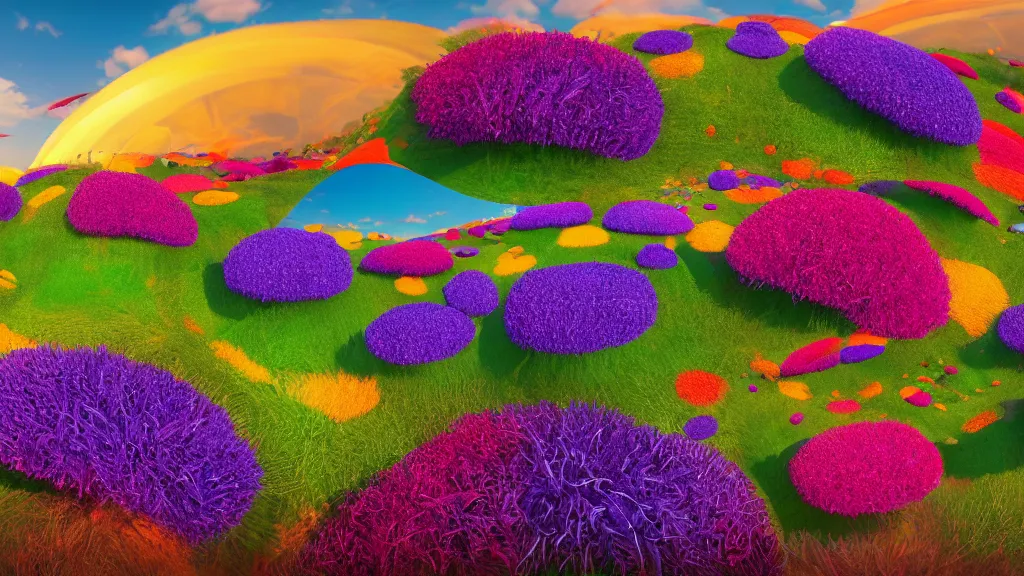 Prompt: first person perspective digital illustration of a field of large vibrant flowers with big petals by beeple and Dr. Seuss:1|trees by Dr. Seuss, colorful rolling hills of beautiful flowers, wide angle panoramic by Industrial Light and Magic, viewed from eye level:0.9|fantasy, cinematic:0.9|Unreal Engine, Octane, finalRender, devfiantArt, artstation, artstation HQ, behance, HD, 16k resolution:0.8