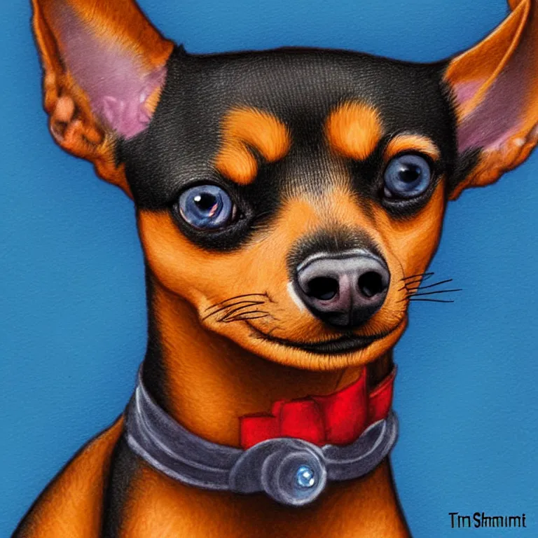 Prompt: portrait of a min pin by tim shumate