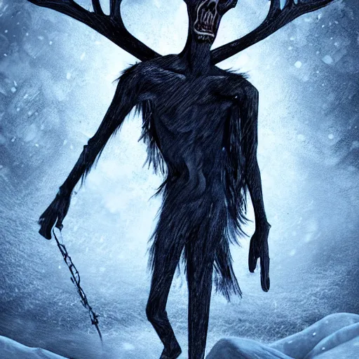 Image similar to detailed digital art of a pale, scrawny wendigo; until dawn; snow; dark, horrifying