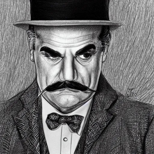 Image similar to pencil illustration of David suchet as hercule poirot, highly detailed, 8k, cinematic,