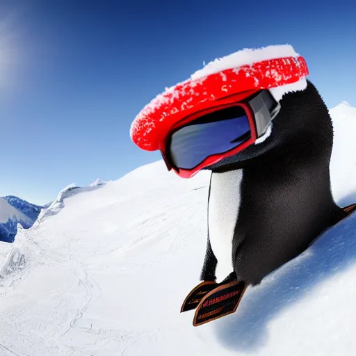 Image similar to ultrawide angle photograph of a snowboarding penguin, extremely detailed. the snowboard he is riding is red and has a tribal print, 8 k