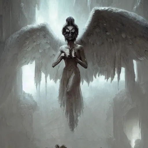 Image similar to in the drakest place in the world, a world of horror, films of all time, and a stunning white gothic angel, is the experience of all, members of your family who, and reward players for their success, concept art, artwork by greg rutkowski, trending