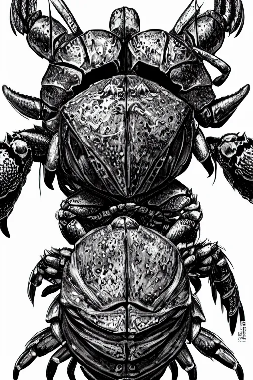 Image similar to armoured warrior humanoid crab monster, symmetrical, highly detailed, digital art, limpet themed armour, sharp focus, trending on art station, ambient lighting, kentaro miura manga art style