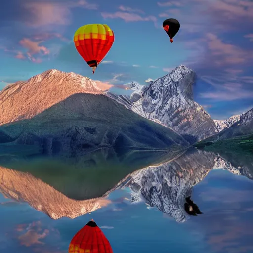 Image similar to photo of two black swans touching heads in a beautiful reflective mountain lake, a colorful hot air balloon is flying above the swans, hot air balloon, intricate, 8k highly professionally detailed, HDR, CGsociety