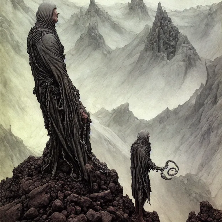 Image similar to A detailed gray-eyed tentacleheaded human stands among the mountains with a pebble in hands. Wearing a ripped mantle, robe. Extremely high details, realistic, fantasy art, solo, masterpiece, art by Zdzisław Beksiński, Arthur Rackham, Dariusz Zawadzki