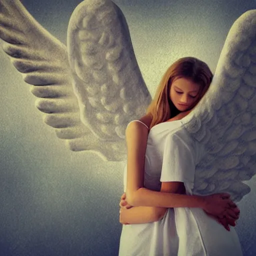 Prompt: beautiful angel comforting woman